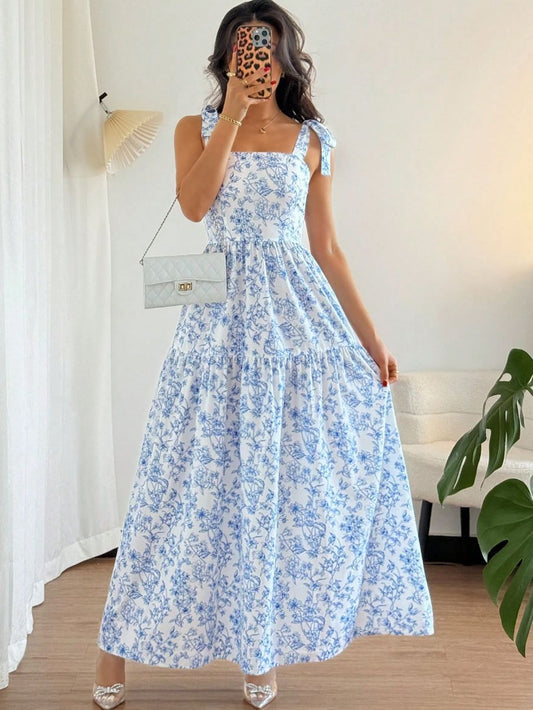 Floral Smocked A-Line Midi Dress for Women – Flowy Summer Casual Party Dress