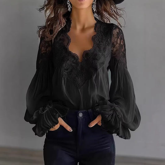 Lace Patchwork Puff Sleeve Pleated Blouse for a comfy casual or modern office-wear look