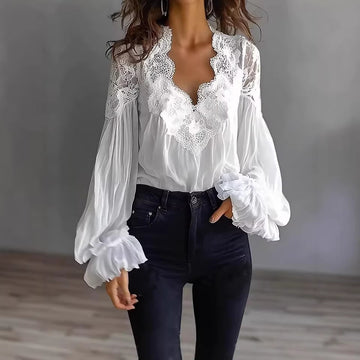 Lace Patchwork Puff Sleeve Pleated Blouse for a comfy casual or modern office-wear look