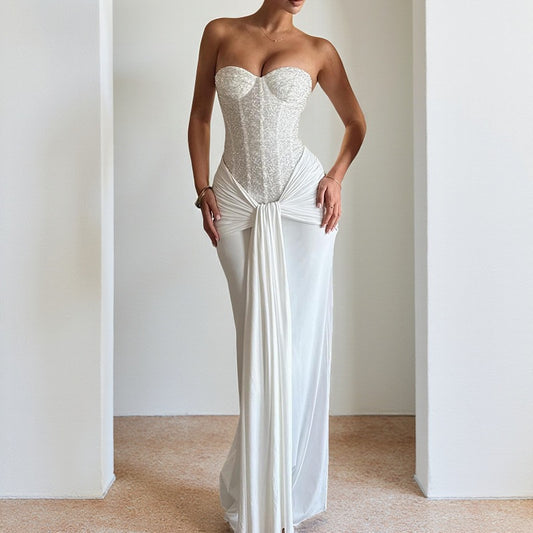 Women’s Elegant Long Evening Dress Waist Cinching Slim Fit Flowy Gown