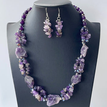 Natural Amethyst Gemstone Jewelry Set, Crystal Necklace, Earrings & Fashion Accessory Gift for Women