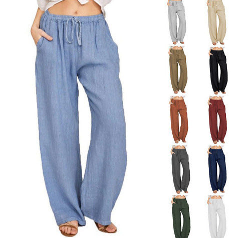 Women’s Linen Pants, Lightweight Breathable High Waist Casual Loose Fit Trousers for Summer Wear