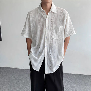 Retro Style Hollow-Out Short Sleeve Shirt  Ultra Comfortable Breathable Summer Casual Top for Men